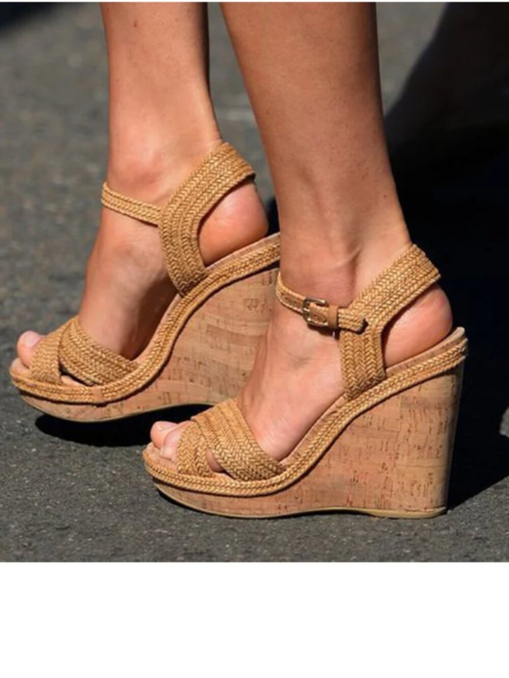 FSJ Tan Cross Strap Wedge Sandals Platform High Heel Ankle Strap Open Toe Shoes